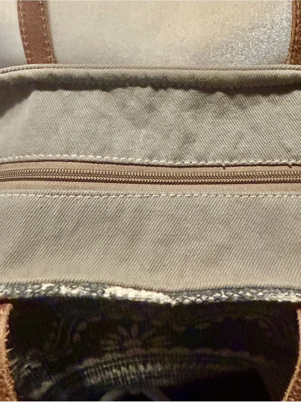 Myra Bag Gray and Brown Patterned Tote with Leather Straps
